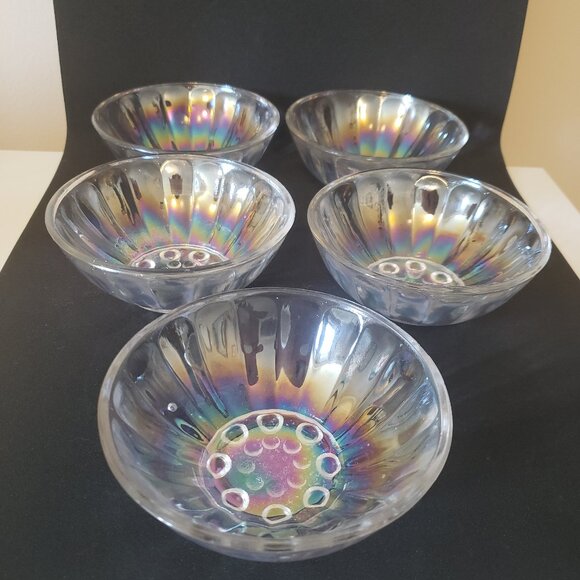 Vintage Iridescent Bubble-Foot Glass Bowls Set of 5 (4.25”) Clear Rainbow Finish - Picture 1 of 16
